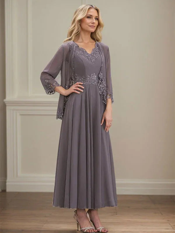 A-line V-Neck Ankle-Length Chiffon Mother of the Bride Dress