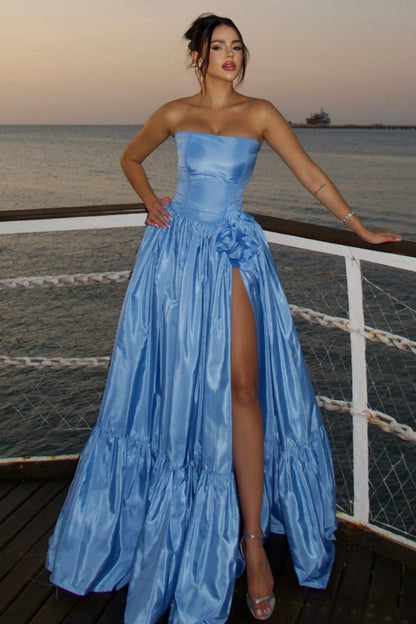 Charming A Line Strapless Blue Satin Long Prom Dress