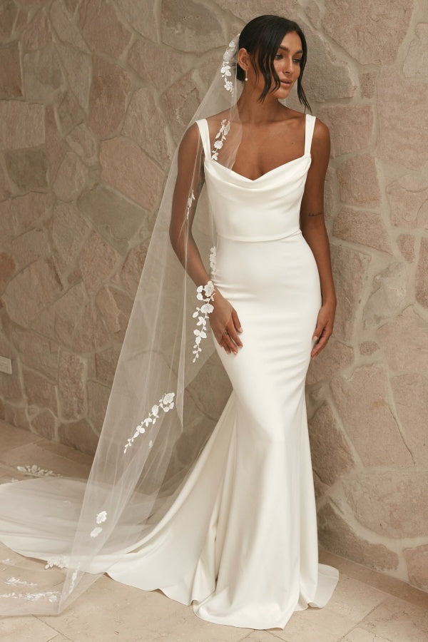 Mermaid Square Neck Straps Back Satin Wedding Dress