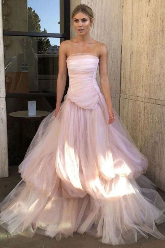 Charming A Line Strapless Pink Long Prom Dress with Ruffles