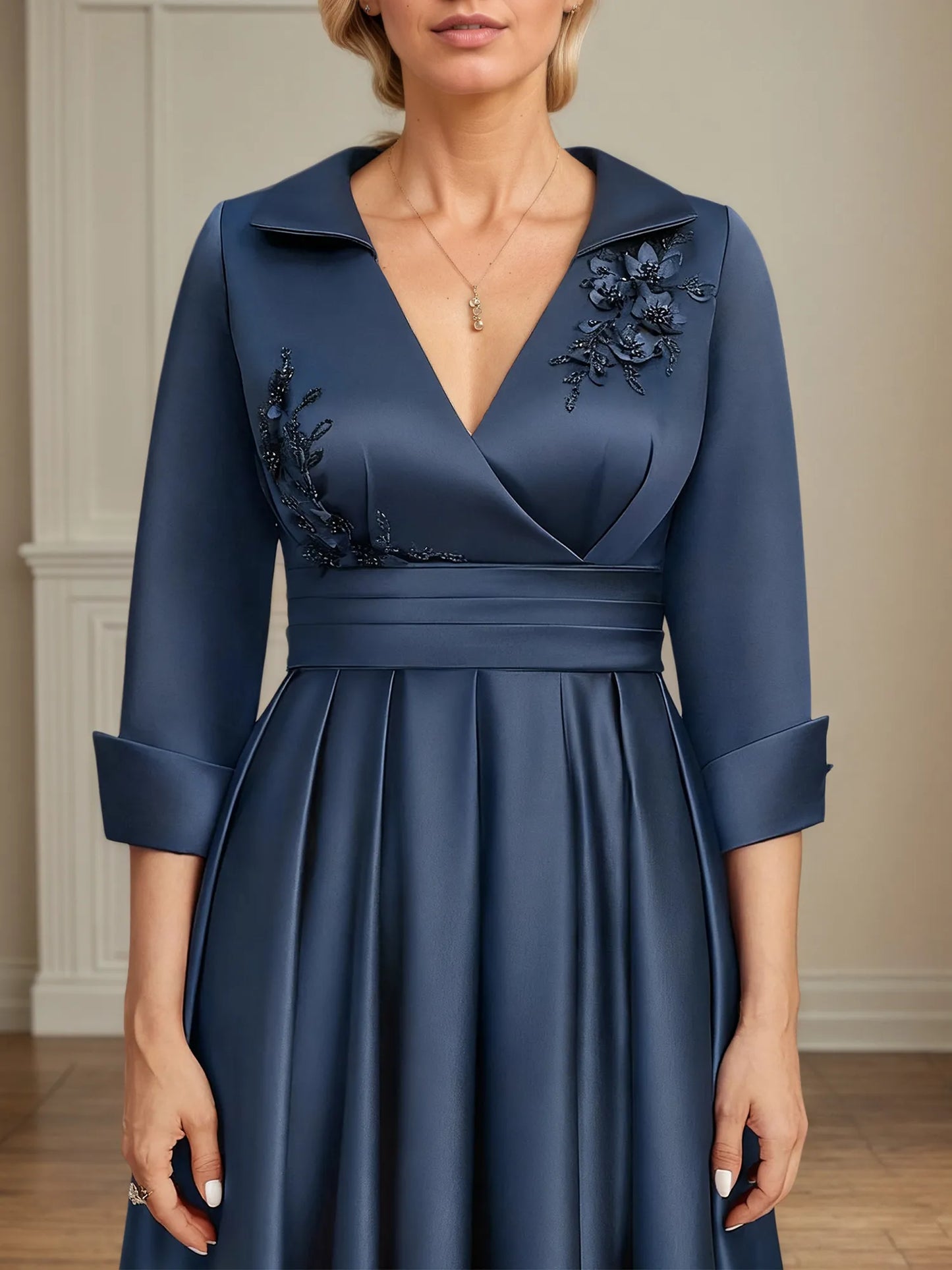 A-line V-Neck Collared Floor-Length Satin Mother of the Bride Dress