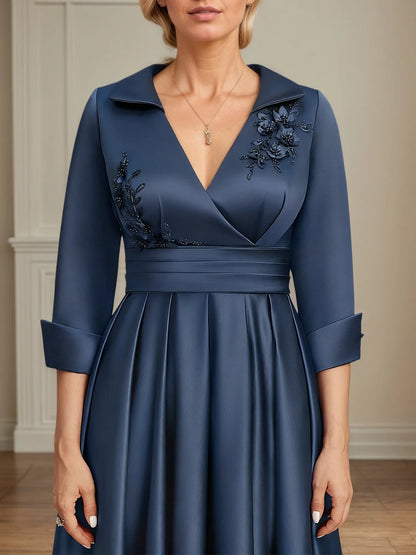 A-line V-Neck Collared Floor-Length Satin Mother of the Bride Dress