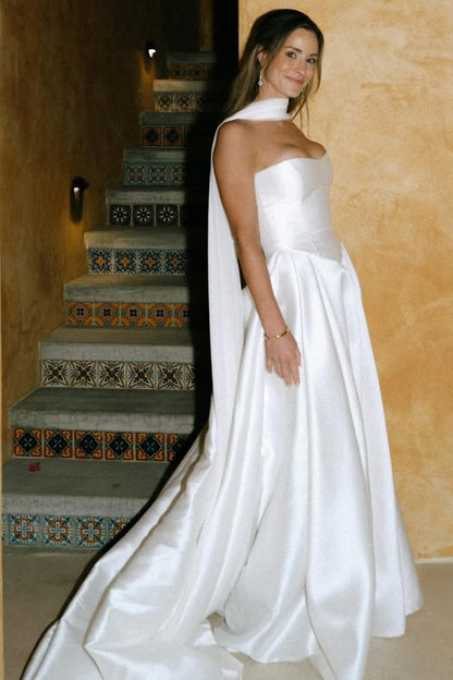 A Line Satin Long Wedding Gown With Scarf
