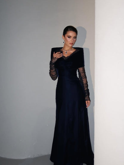 Elegant V-Neck Lace Long Sleeve A-Line Evening Dress Ankle-Lenght