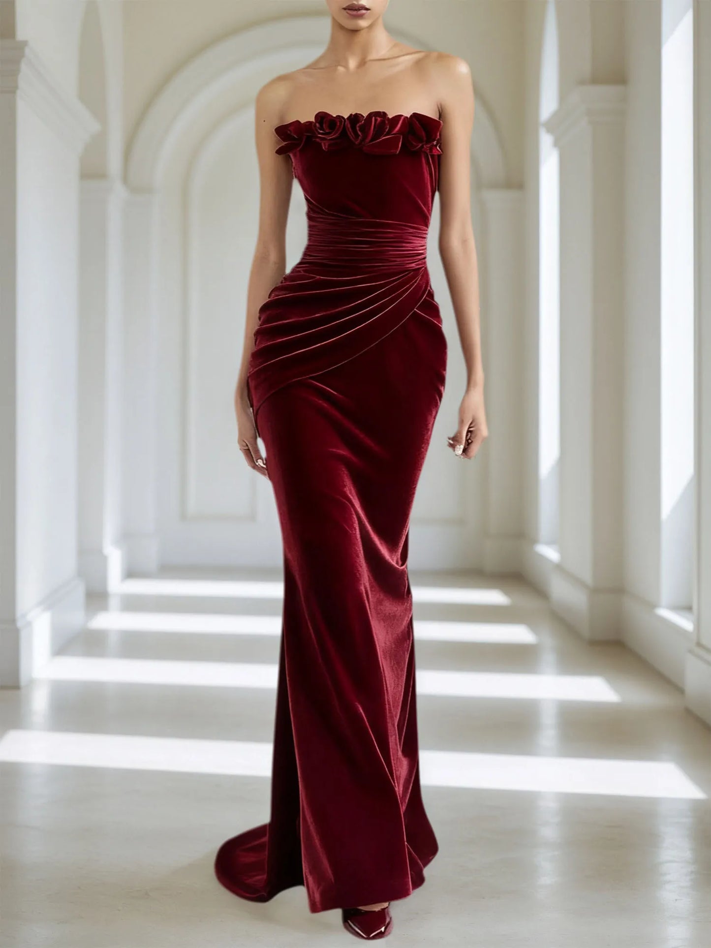 Wine Red 3D Floral Velvet Strapless Sleeveless Sheath Maxi Dress
