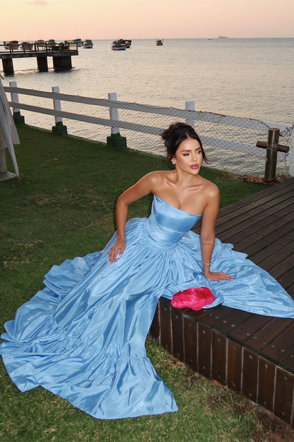 Charming A Line Strapless Blue Satin Long Prom Dress
