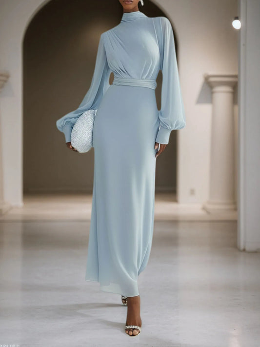 Light Blue Chiffon Mock Neck Long Sleeve Balloon Sleeve A-Line Maxi Dress