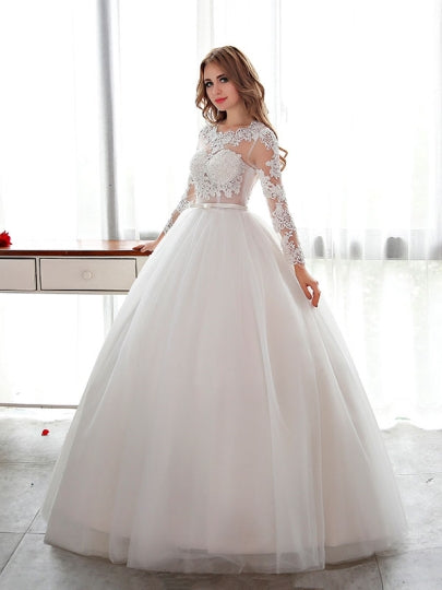 Open Back Lace Ball Gown Long Sleeve Wedding Dress