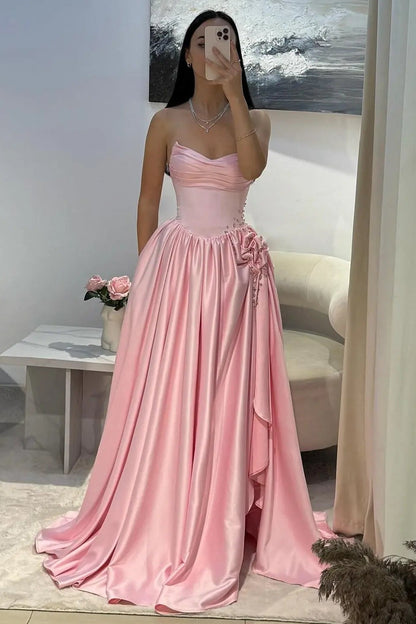 Pink Crystal Strapless High Slit Elegant Evening Dress