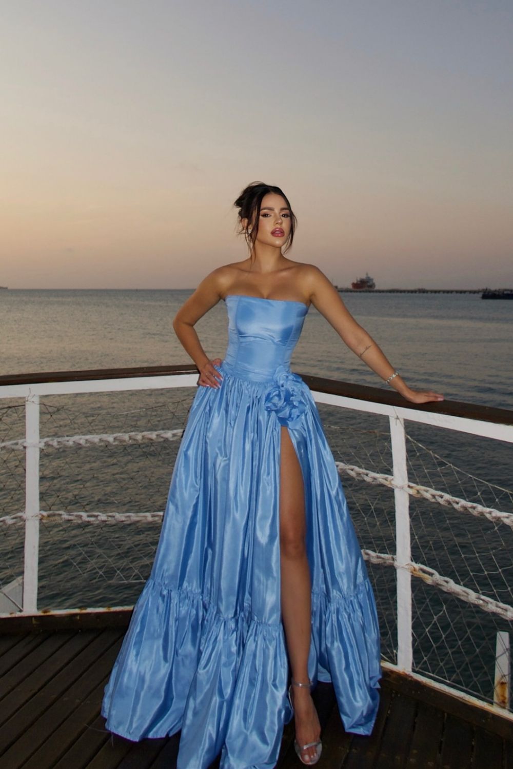 Charming A Line Strapless Blue Satin Long Prom Dress