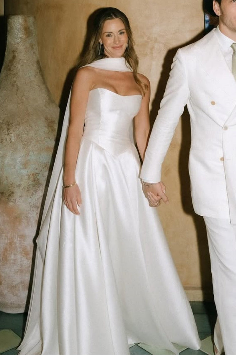 A Line Satin Long Wedding Gown With Scarf