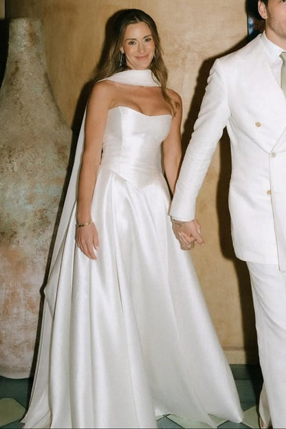 A Line Satin Long Wedding Gown With Scarf