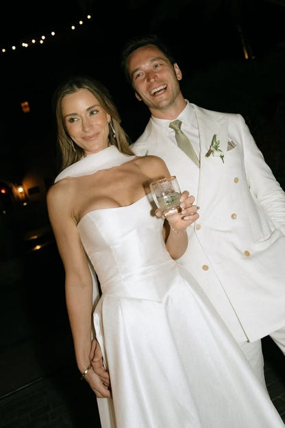 A Line Satin Long Wedding Gown With Scarf