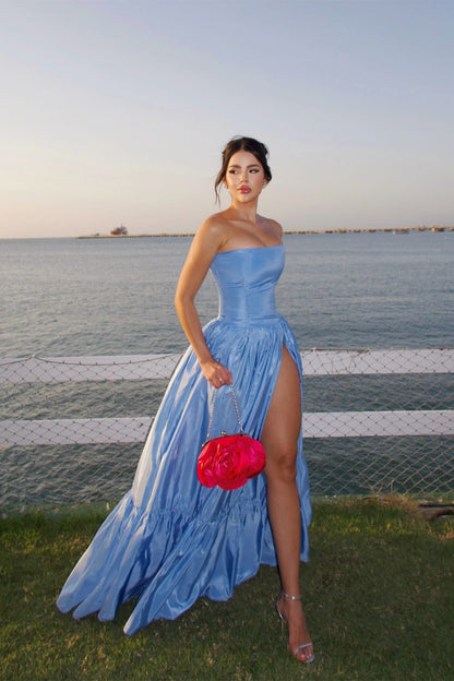 Charming A Line Strapless Blue Satin Long Prom Dress