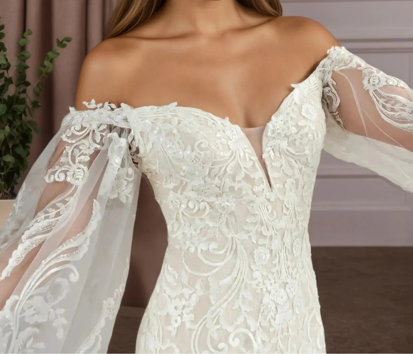 Off the Shoulder White Champagne Mermaid Lace Wedding Dress