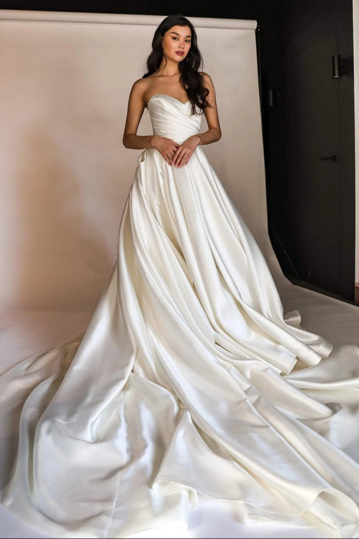 Elegant A Line Sweetheart White Long Bridal Dress with Sweep Train