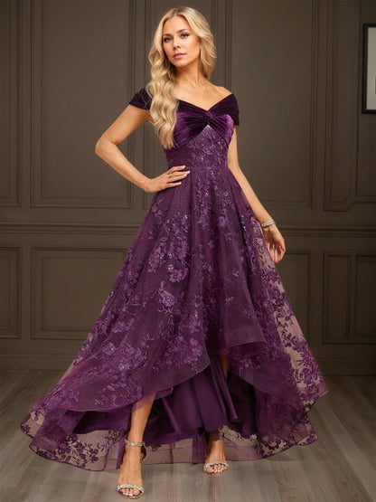 A-line Off the Shoulder Asymmetrical Velvet Lace Evening Dress With Pleated Sequins