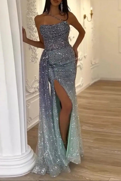 Luxury Blue One Shoulder Evening Dress with Overskirt