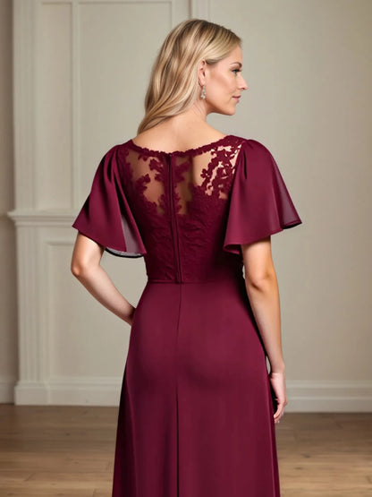 A Line Scoop Neck Short Sleeve Chiffon Mother of the Bride Dress