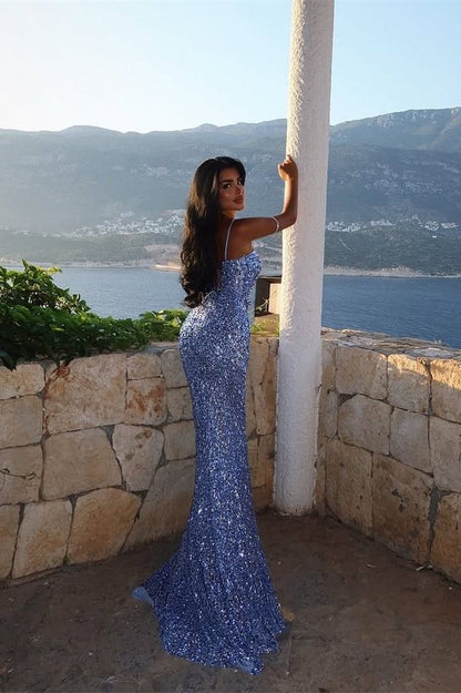 Dazzling Steel Blue Spaghetti-Strap Sequins Prom Dress
