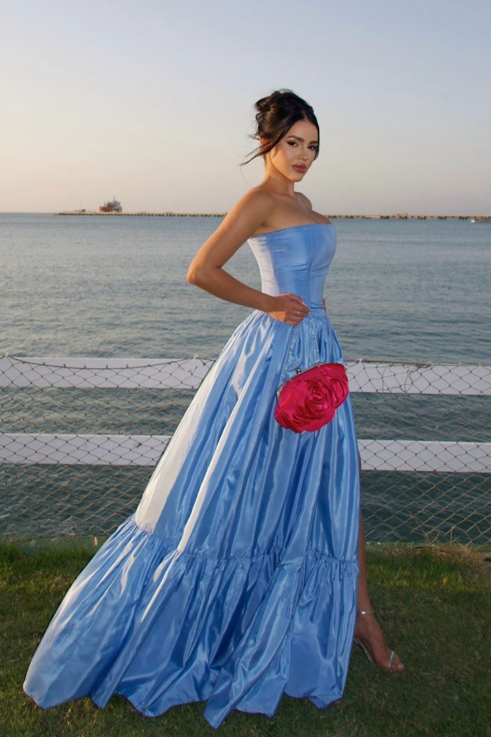 Charming A Line Strapless Blue Satin Long Prom Dress