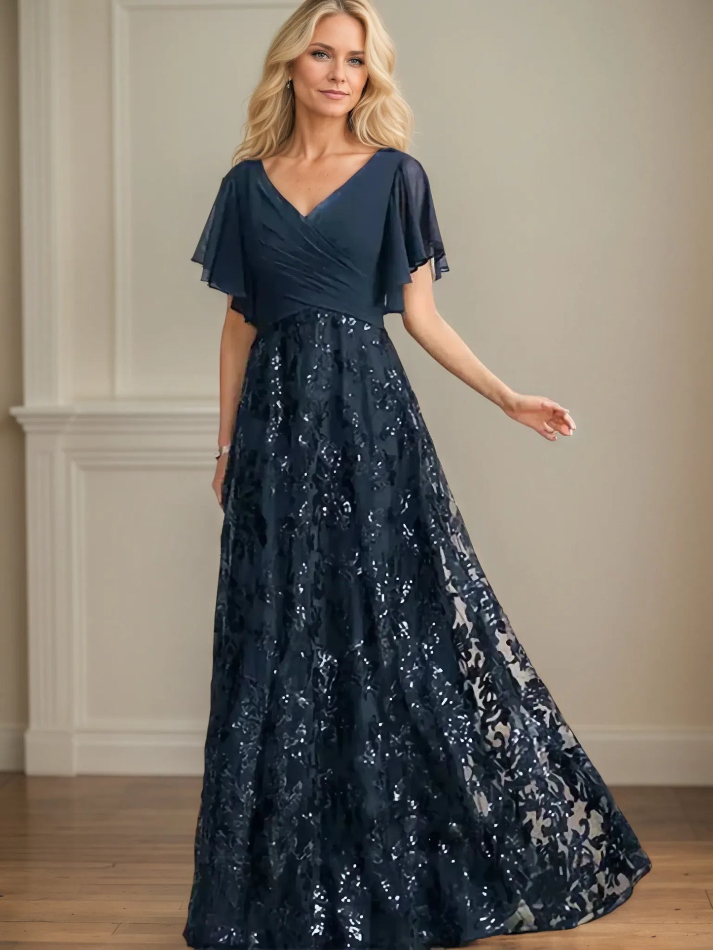 A Line V Neck Short Sleeve Chiffon Mother of the Bride Dress
