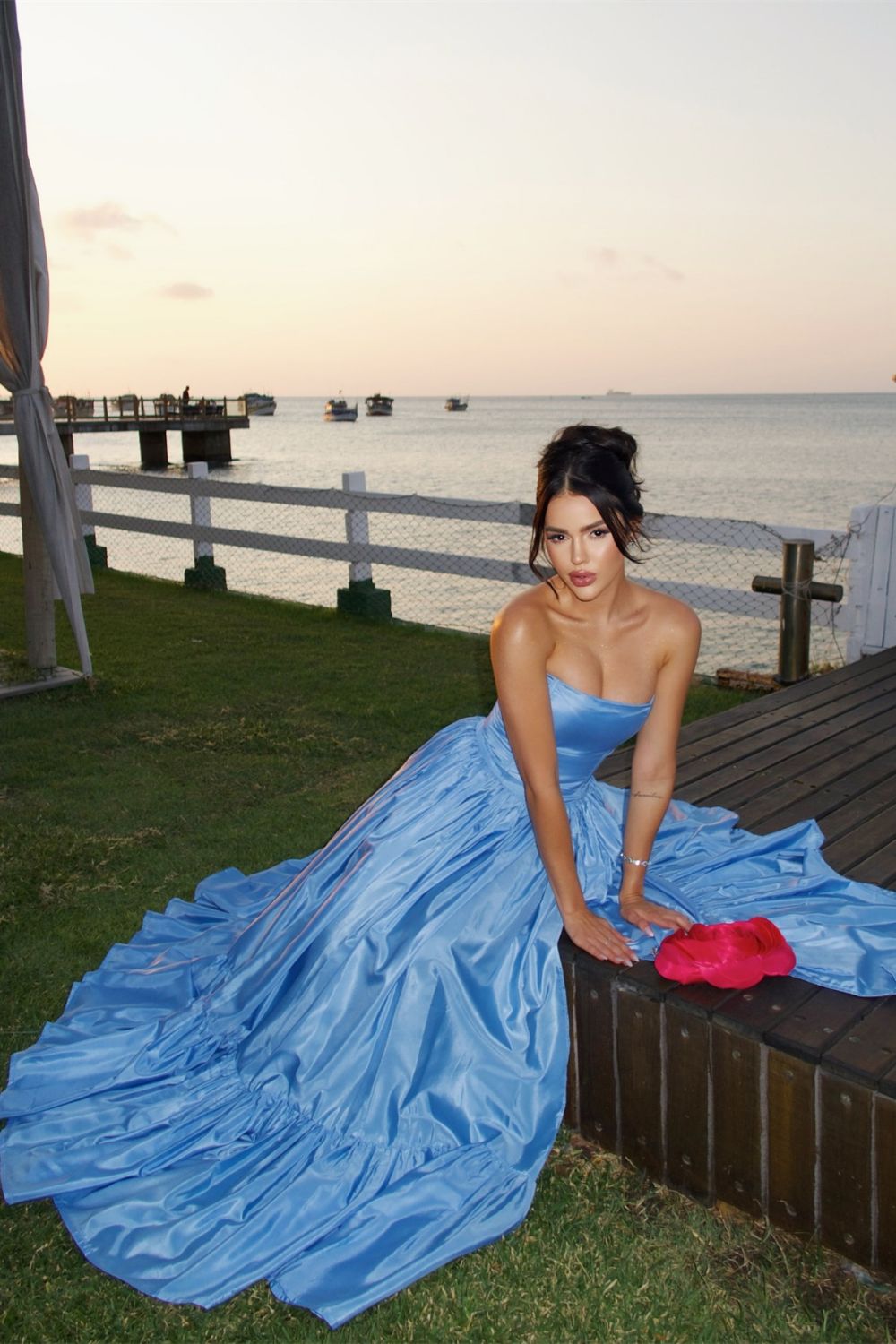 Charming A Line Strapless Blue Satin Long Prom Dress