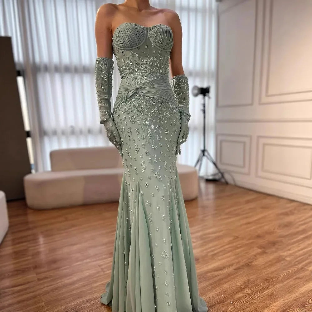 Turquoise Strapless Beaded Mermaid Evening Gown with Matching Gloves