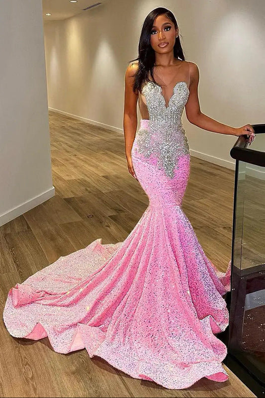 Luxury Pink Sequined Mermaid Crystal Prom Dress