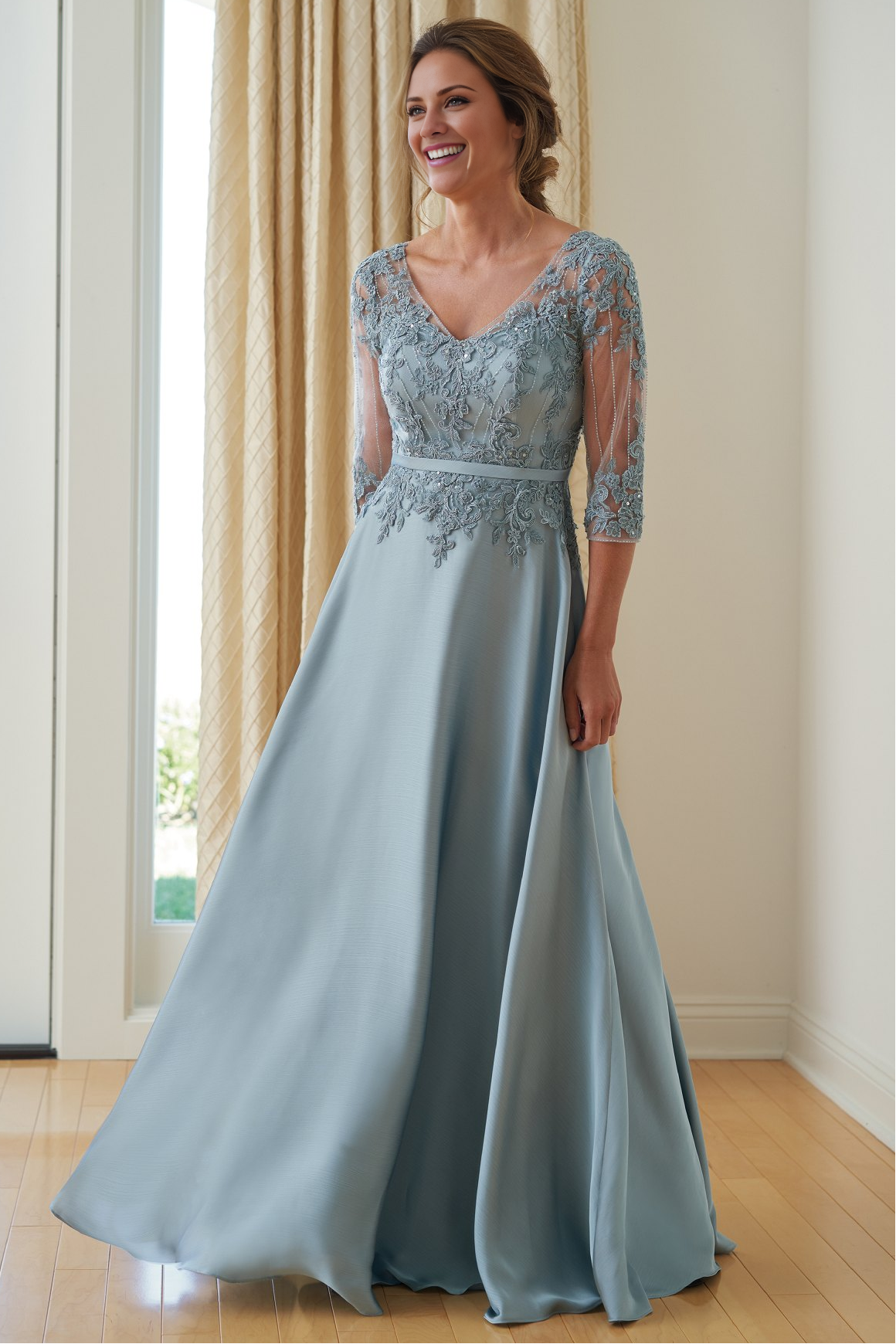 A-Line V-neck satin chiffon lace and floor length mother of bride dress