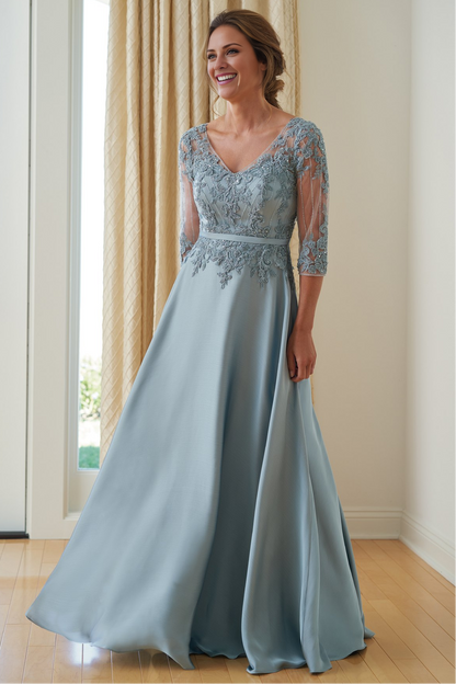 A-Line V-neck satin chiffon lace and floor length mother of bride dress
