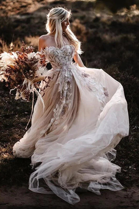 Stunning Off the Shoulder Ivory Tulle Lace Wedding Dress Spring Bridal Dress