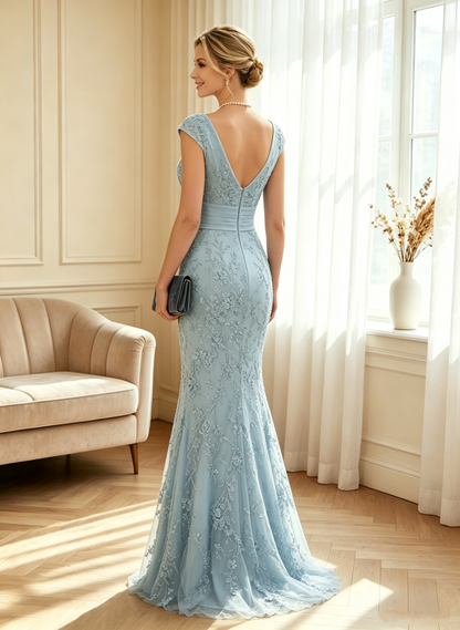 Elegant Light Blue V-Neck Cap Sleeve Lace Mermaid Evening Dress