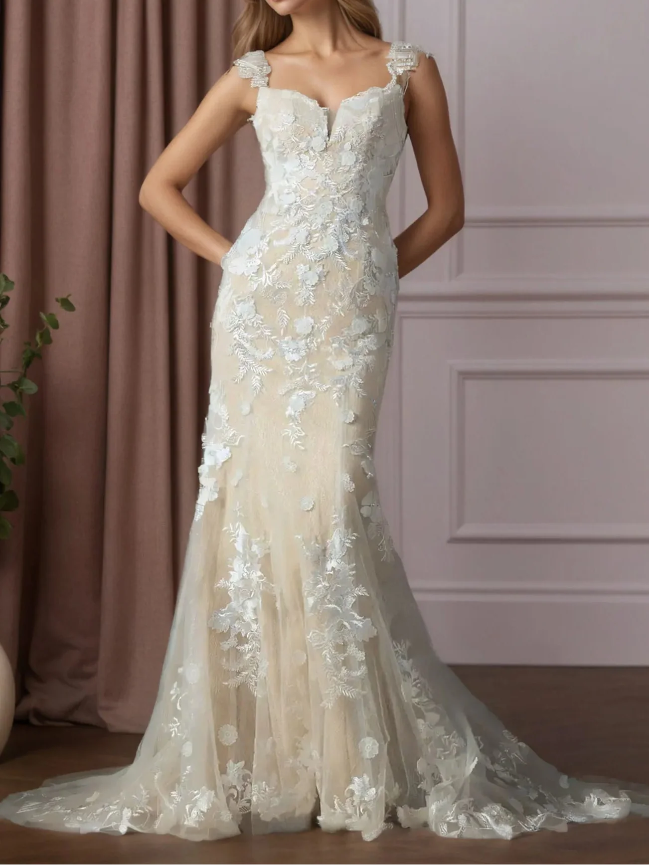 White Champagne Mermaid Sweetheart Sequins Tulle Wedding Dress