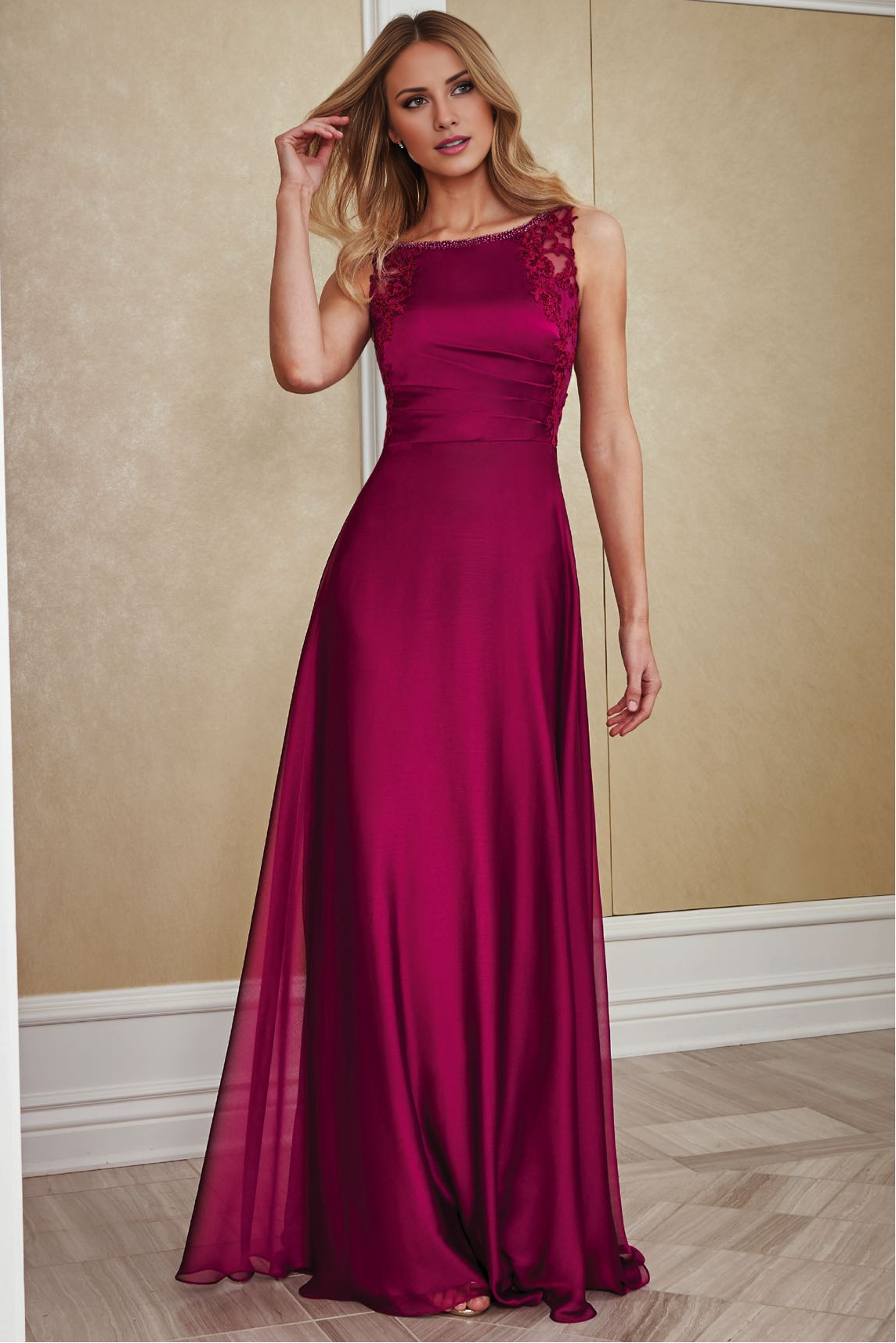 A-Line Boat Collar Chiffon Lace Bead Length Mother of the Bride Dress