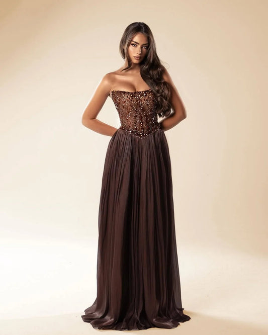 Strapless Sleeveless Long Pleated A-Line Prom Dress With Beadings