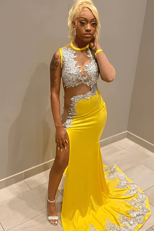 Sleeveless Jewel Neck Long Mermaid Prom Dress With Split Appliques