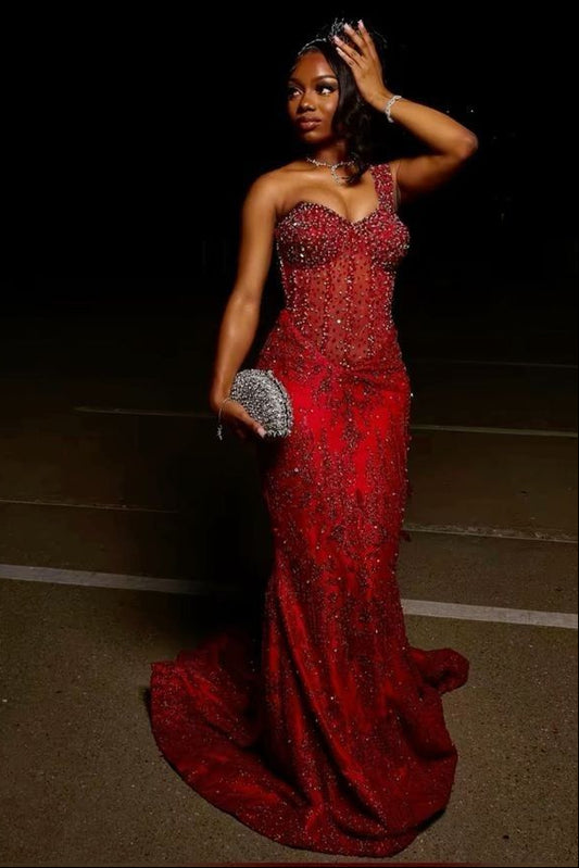 Sexy Mermaid One Shoulder Burgundy Sequin Formal Gown