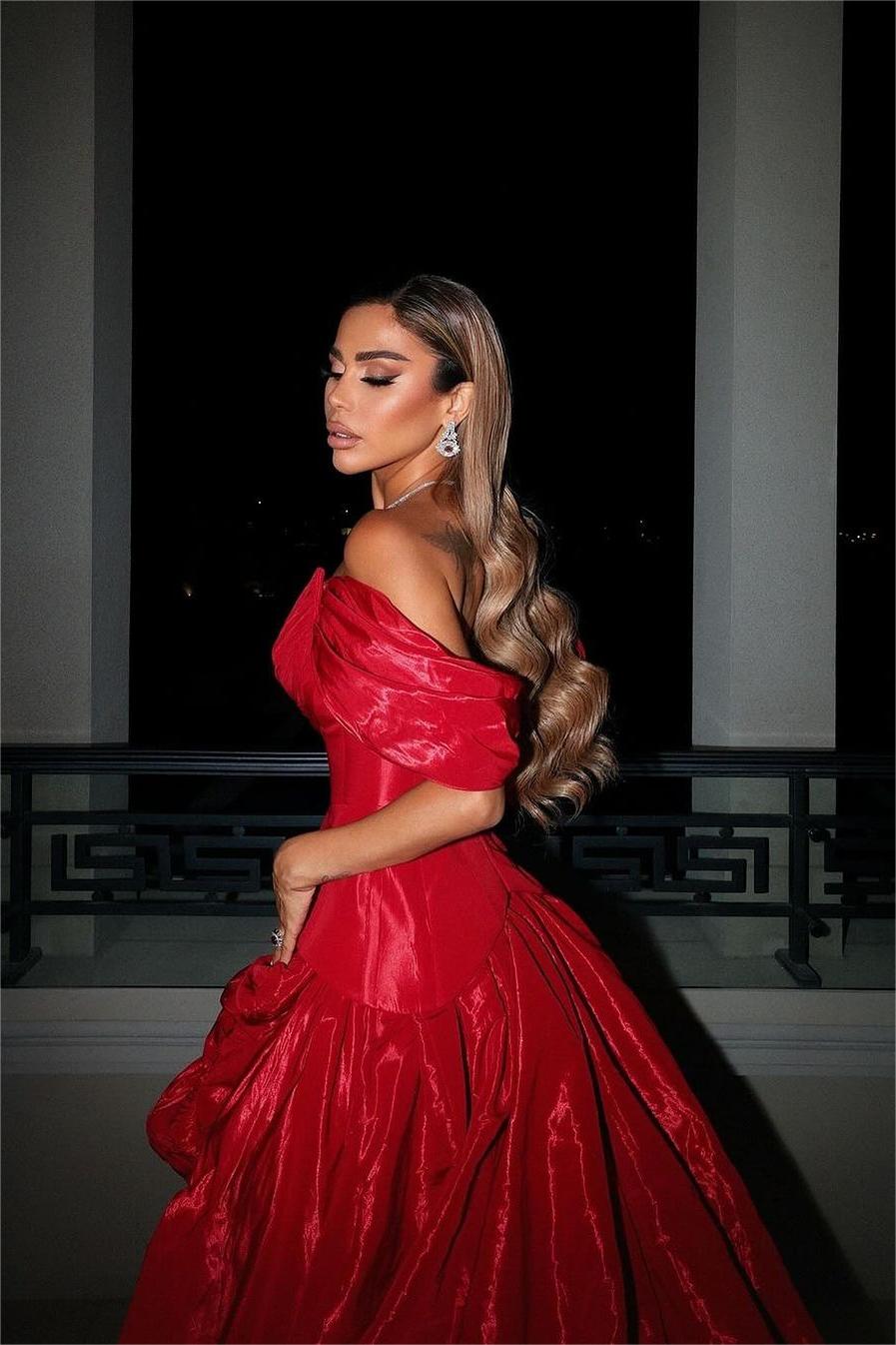 Red Off the Shoulder V Neck A Line Long Split Prom Dress With Ruffles
