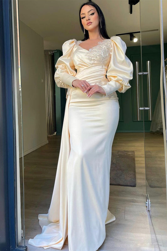 Long Puff Sleeves Pleated Mermaid Split Prom Dress