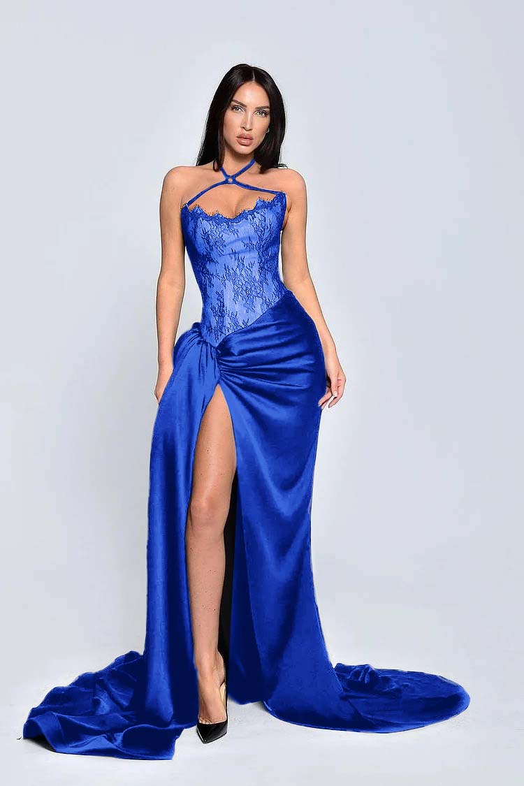 Charming Black Halter Lace Patchwork Evening Dress with Slit