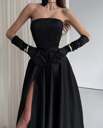 Black Charming Strapless Split Prom Dress With Neck