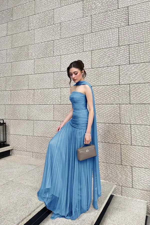 Light Blue Pleated Strapless Chiffon Elegant Prom Dress