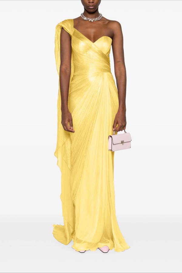 Asymmetric Neck One Shoulder Sleeveless Long Pleated Mermaid Prom Dress With Ruffles