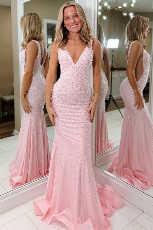 Glitter Mermaid V Neck Light Pink Beaded Long Prom Dress