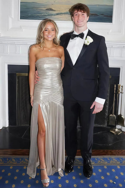 Sheath Strapless Champagne Silk Satin Pleats Long Prom Dress