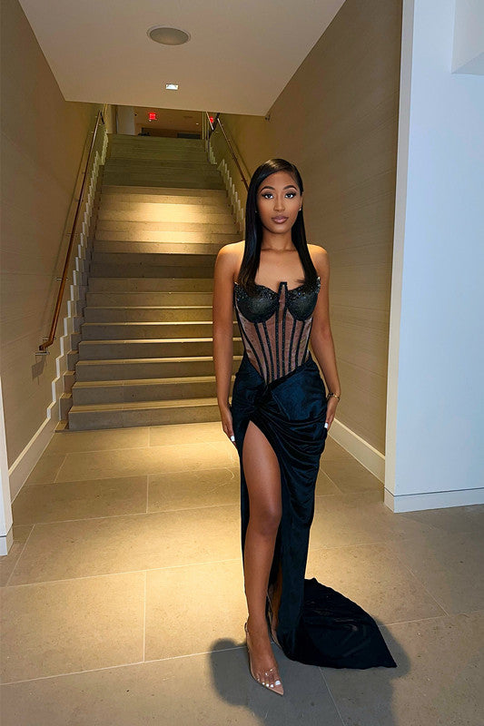 Black Strapless Evening Dress Sleeveless Mermaid Train with Slit