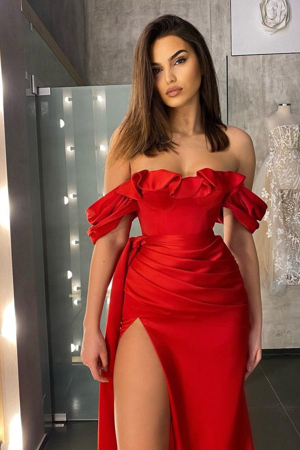Charming Red Pleated Mermaid Split Prom Dress Off the Shoulder With Ruffles