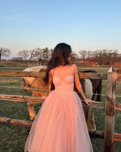 Pink  Sweetheart Spaghetti-Straps Tulle Prom Dress