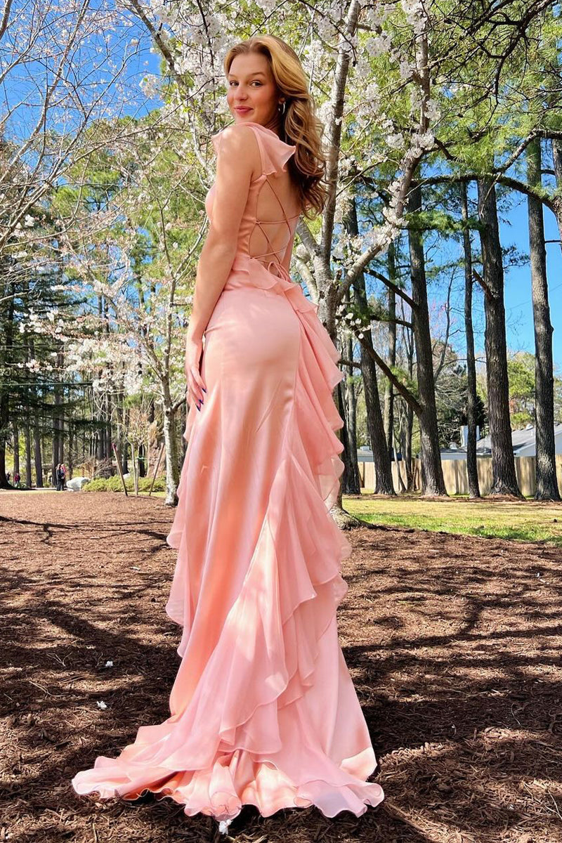 Pink Square Neck Ruffle Chiffon Long Prom Dress with Slit